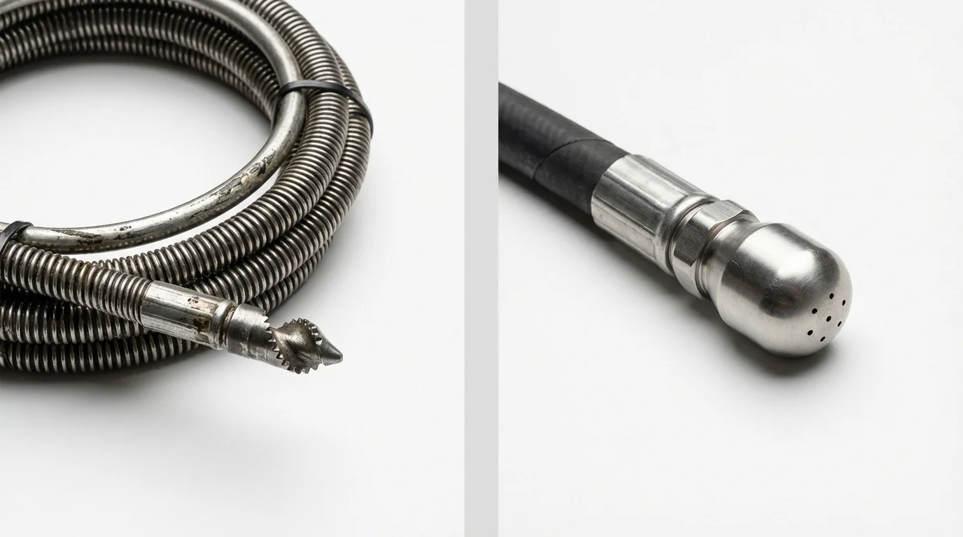 Drain snake cable and hydro jetting nozzle used for drain cleaning in Wilmington, DE