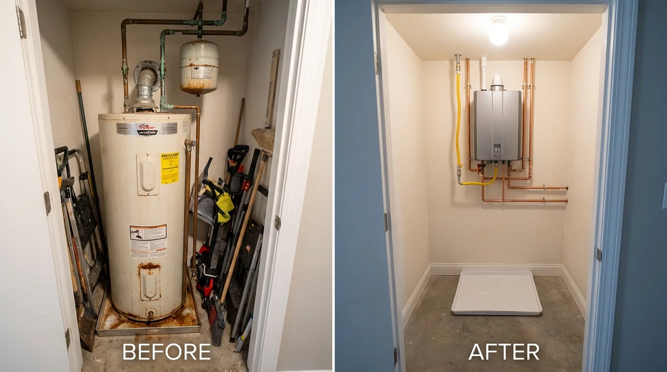 Tank water heater versus wall-mounted tankless unit comparison for Wilmington, DE homeowners