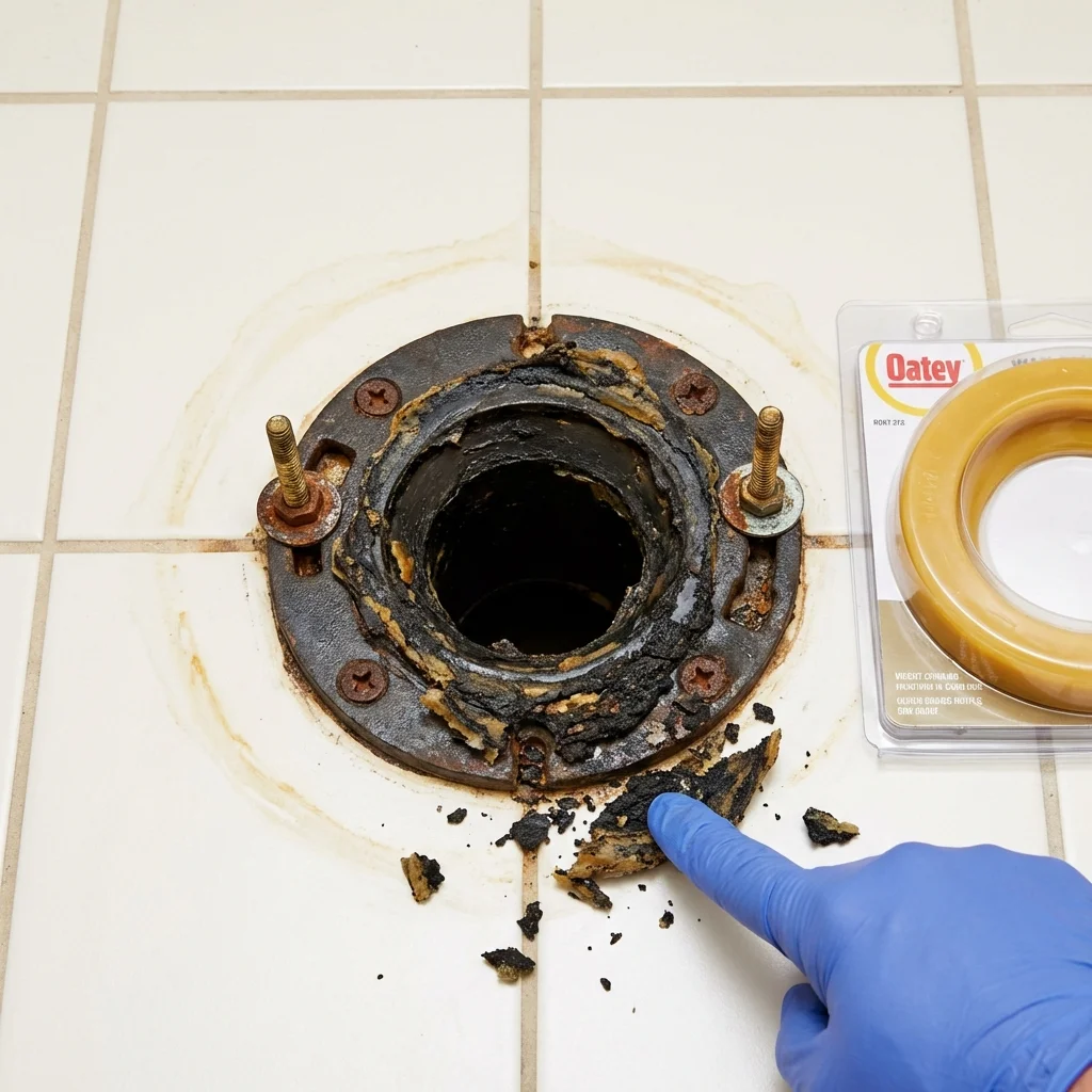 Failed wax ring showing water seepage at the base of a toilet in a Wilmington, DE home