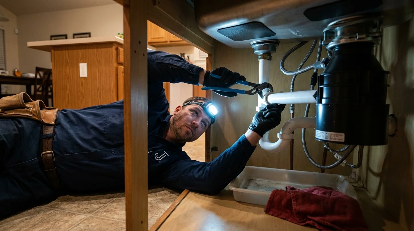 P-trap and supply line connections under a kitchen sink showing a common leak point in Wilmington, DE